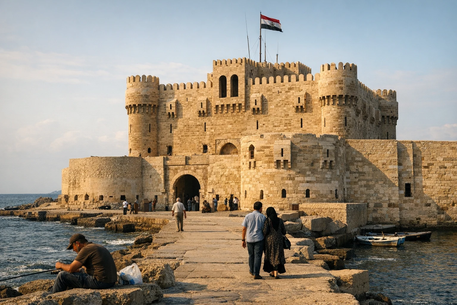 Panoramic view of Qaitbay Citadel overlooking the Mediterranean Sea in Alexandria, Egypt