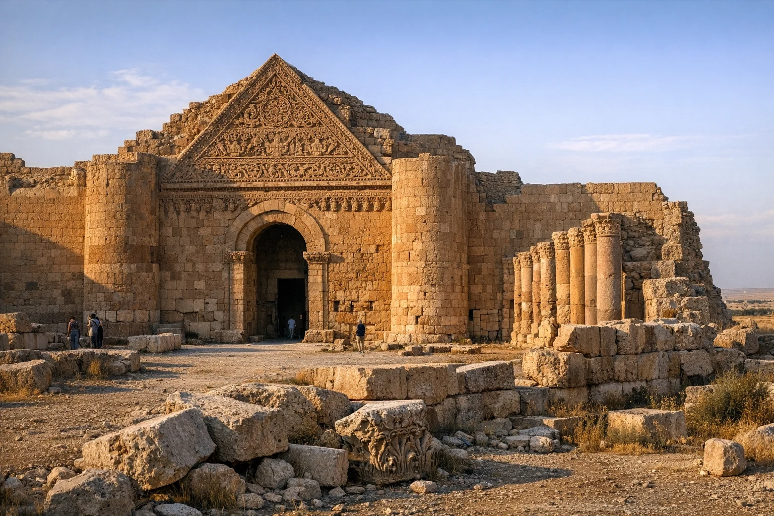 Ruins of Qasr Al-Mshatta in Jordan showing the palace walls and carved stone facade