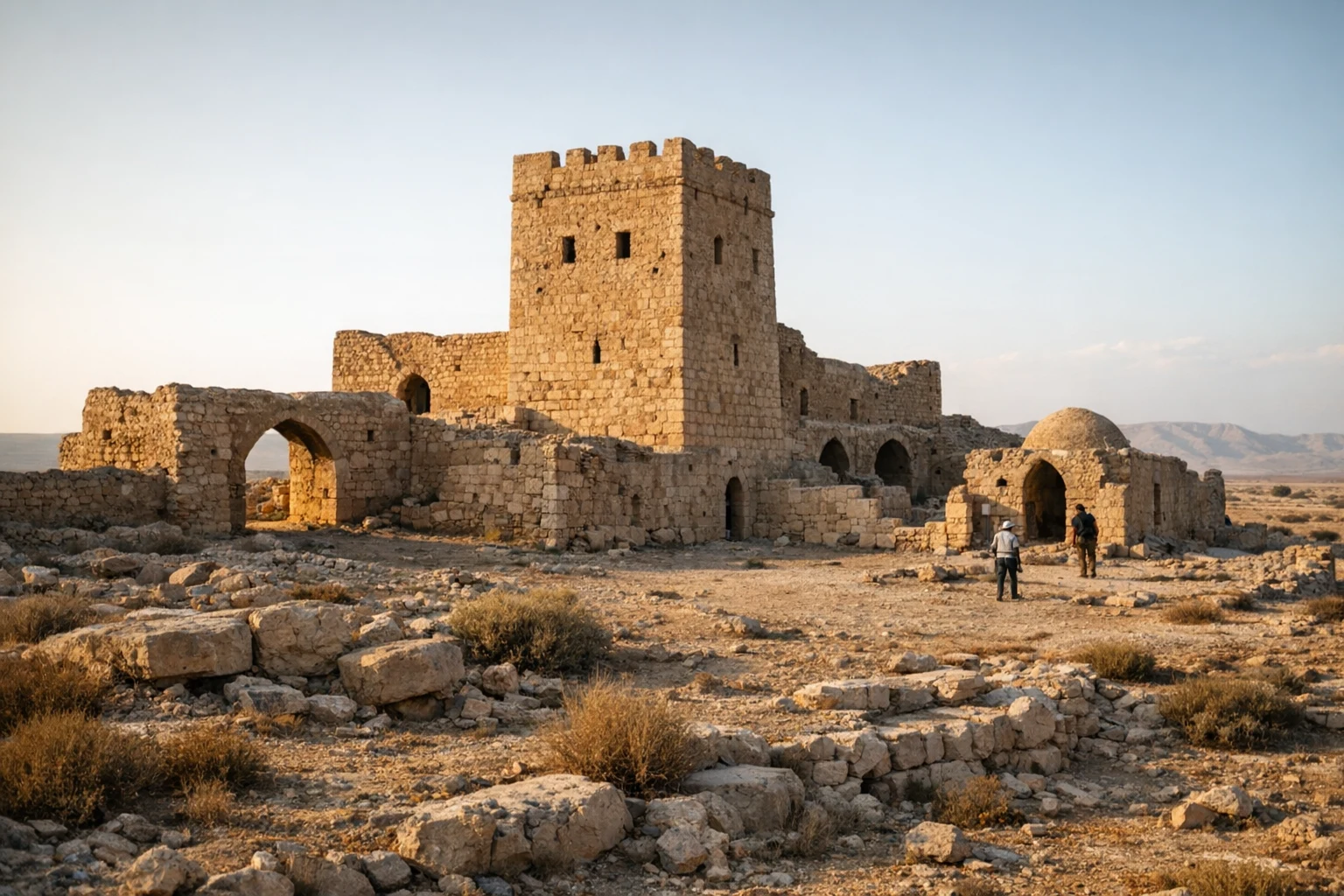 Ruins of Qasr al-Mushash in Jordan standing on the desert plain east of Amman