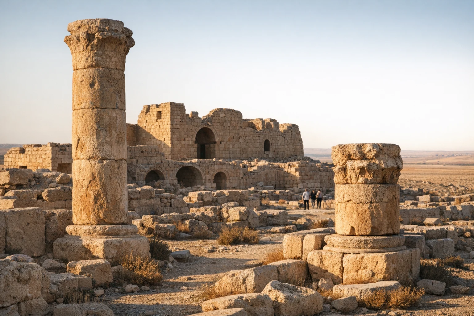 Ruins of Qasr Al-Muwaqqar in the desert landscape of Jordan