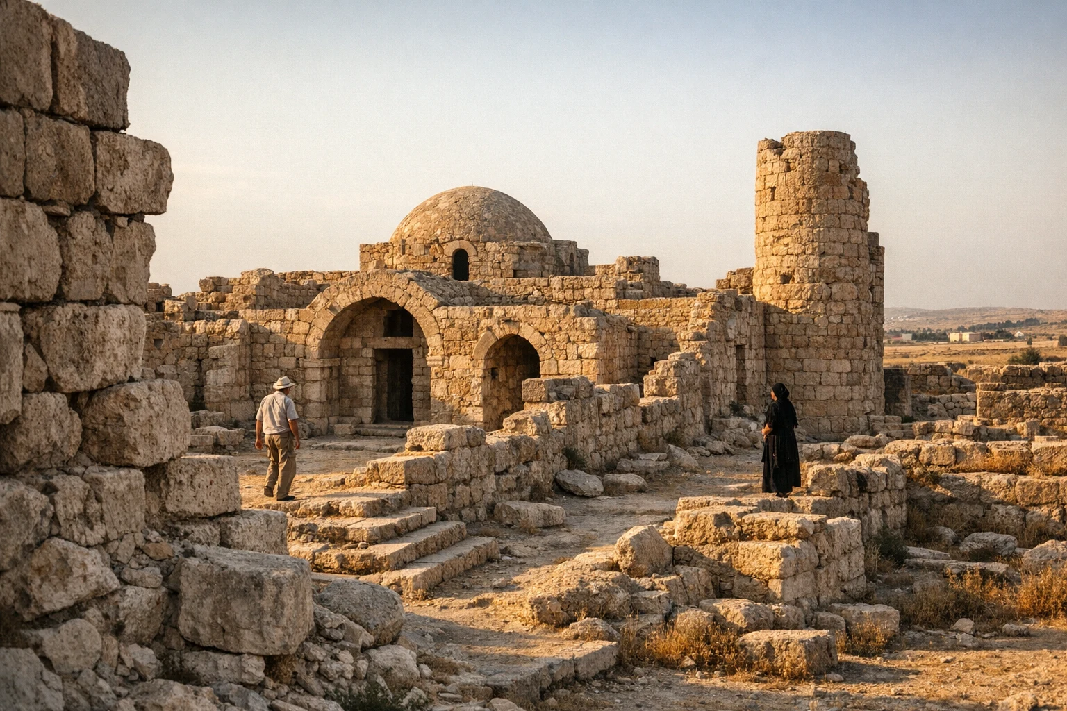 Stone ruins of Qasr Al-Qastal near Amman in Jordan under a clear desert sky