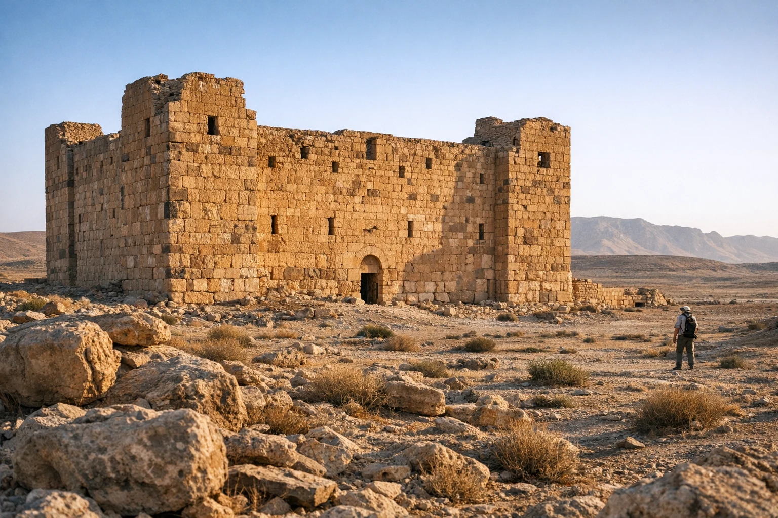 Stone walls and towers of Qasr Bashir in Jordan rising from the desert landscape