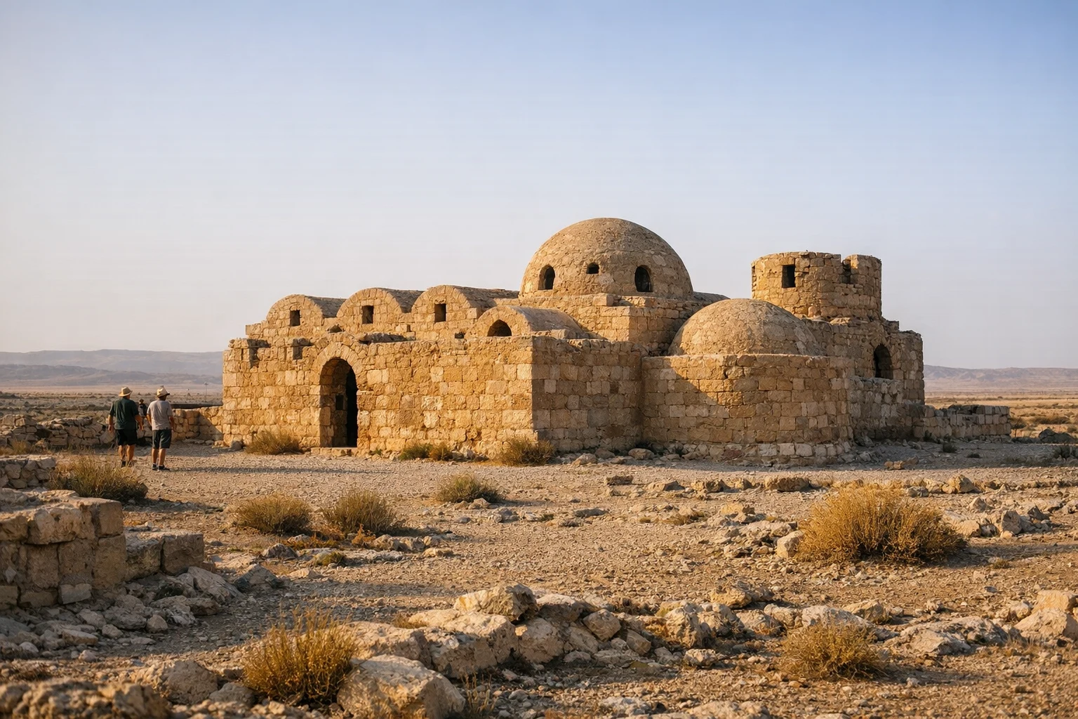 Ruins of Qasr Hammam As Sarah in Jordan standing in the desert landscape near the Black Desert