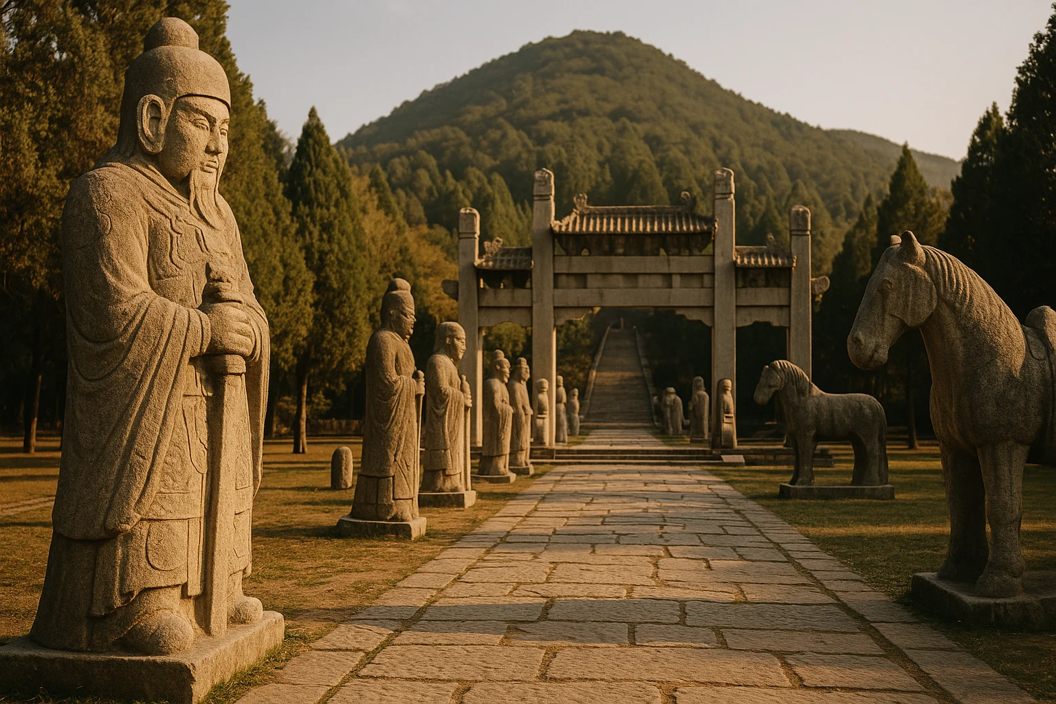 The Spirit Way at Qianling Mausoleum lined with ancient stone sculptures leading toward Mount Liang in Shaanxi, China