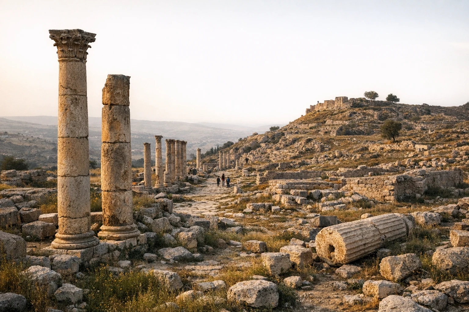 Ruins of Quweilbeh (Abila) in northern Jordan, with ancient stone remains and rolling hills