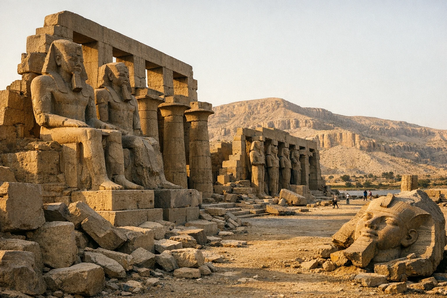 Panoramic view of the Ramesseum temple ruins in Egypt at sunset
