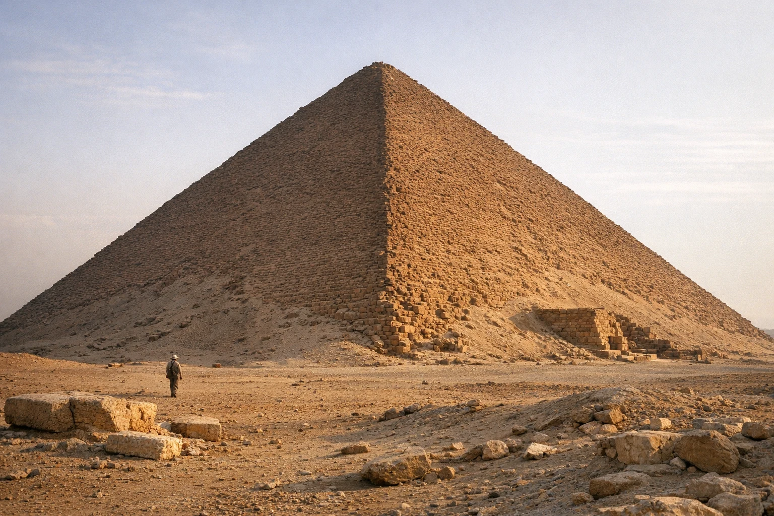 The Red Pyramid in Egypt, an ancient limestone pyramid rising out of the desert in Dahshur