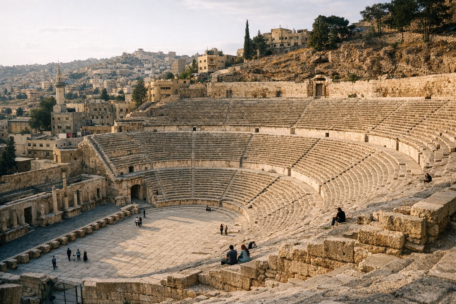 The Roman Theater in Amman, Jordan, with its impressive stone tiers and historical Roman architecture
