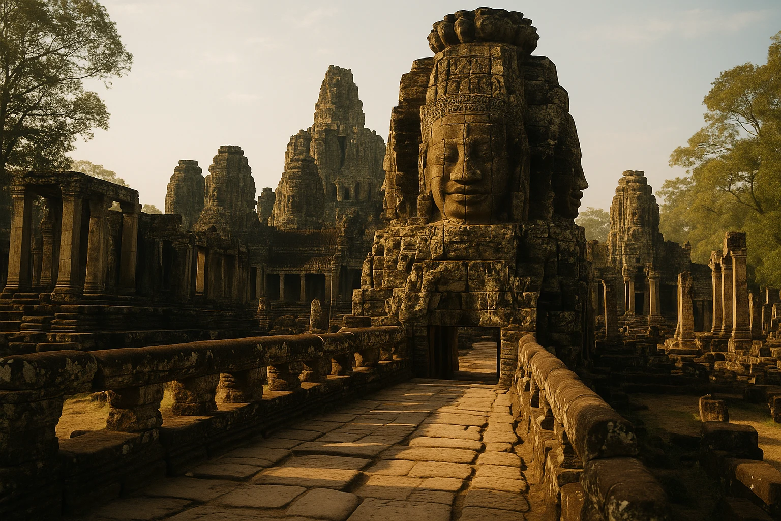 Stone enclosure walls and Phimeanakas temple pyramid of the Royal Palace within Angkor Thom, Cambodia