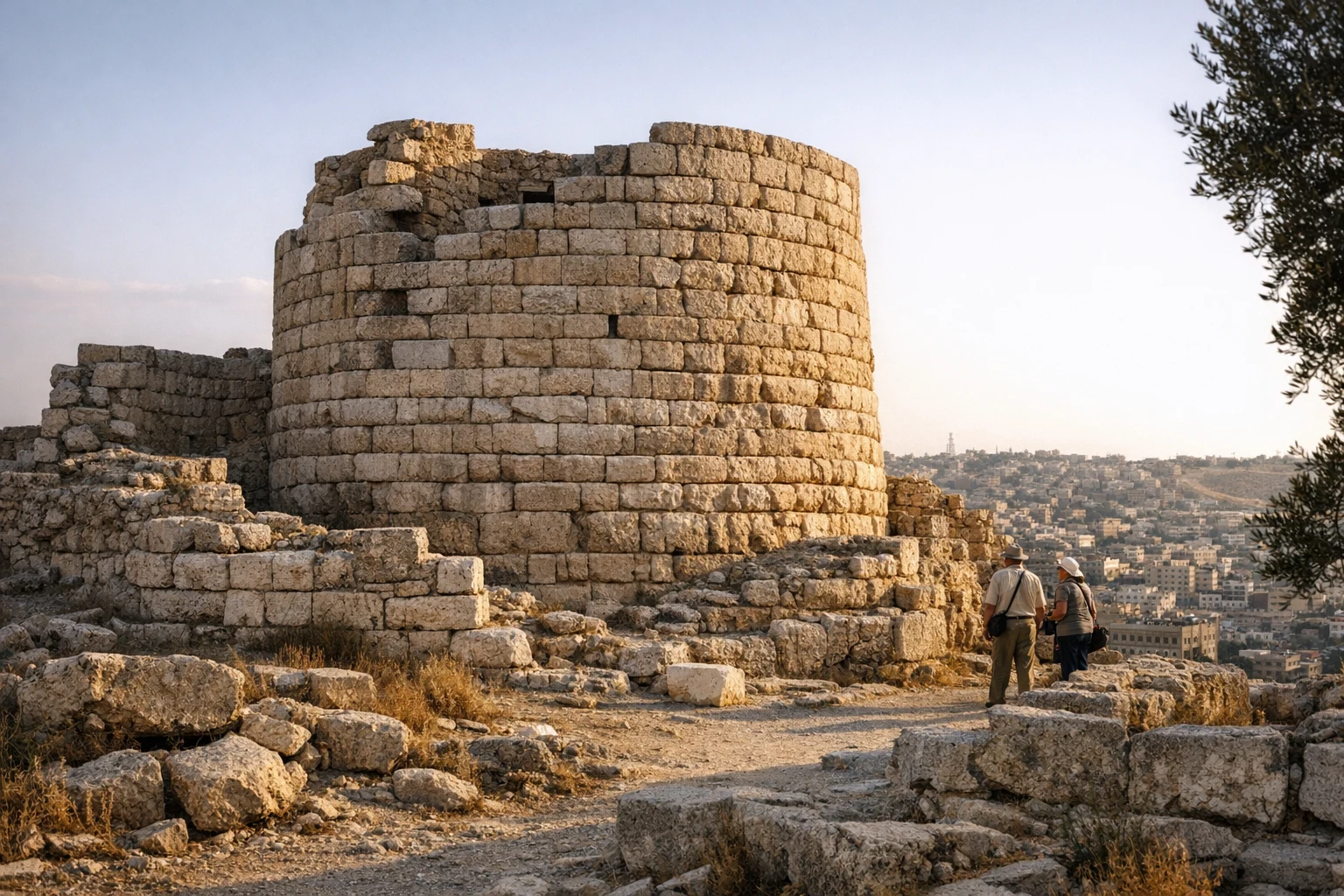 Ancient stone tower of Rujm al-Malfouf in Amman, Jordan