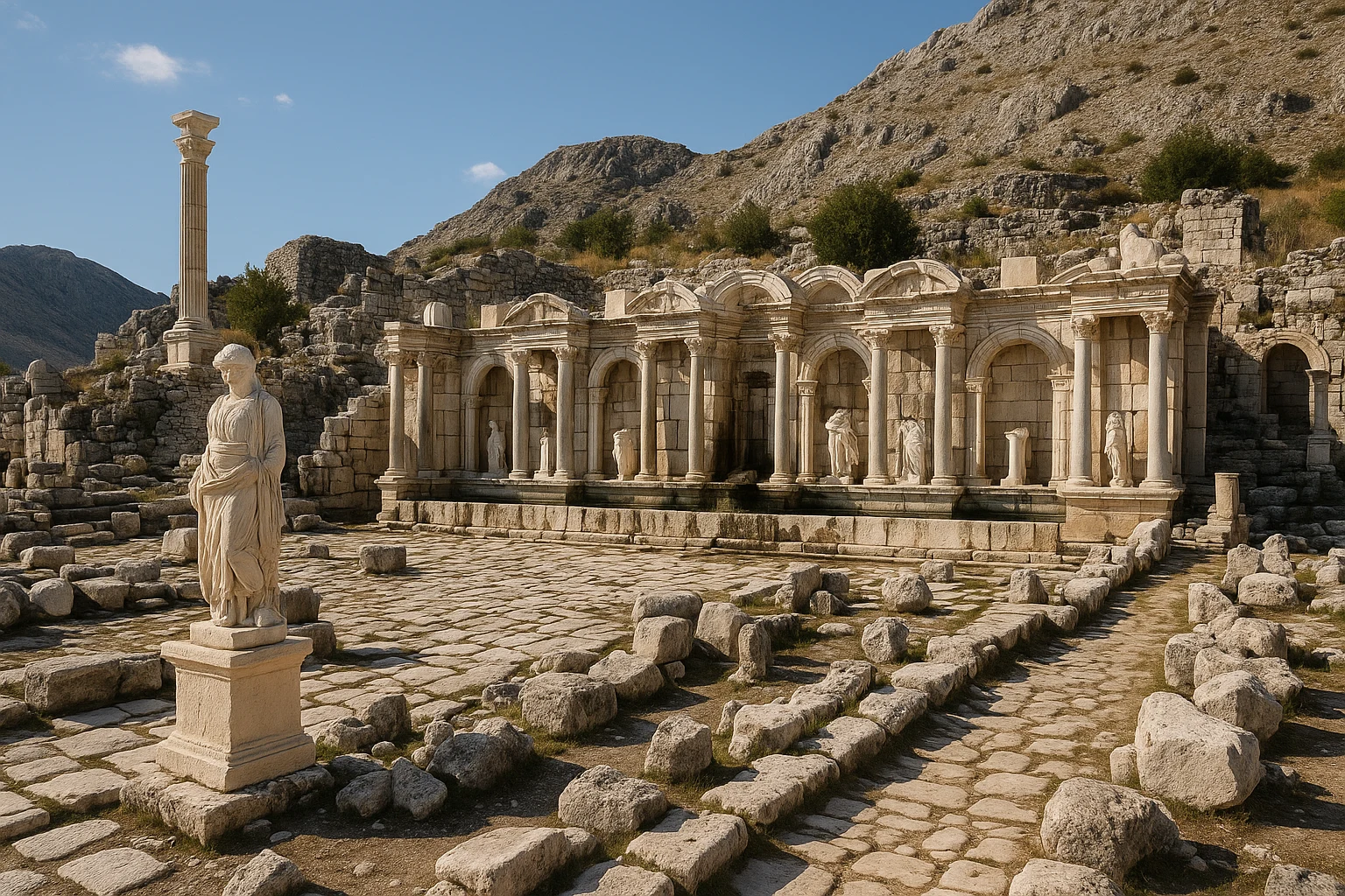 Antonine Fountain and mountain ruins at Sagalassos, Turkey