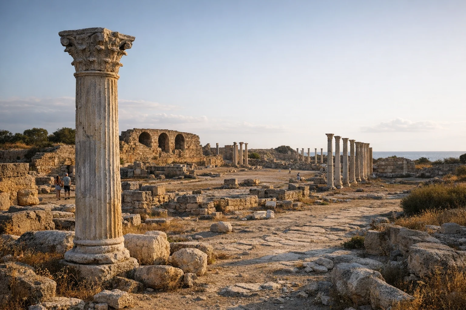 Panoramic view of the ancient ruins of Salamis, Cyprus, with colonnaded streets and the Mediterranean in the background