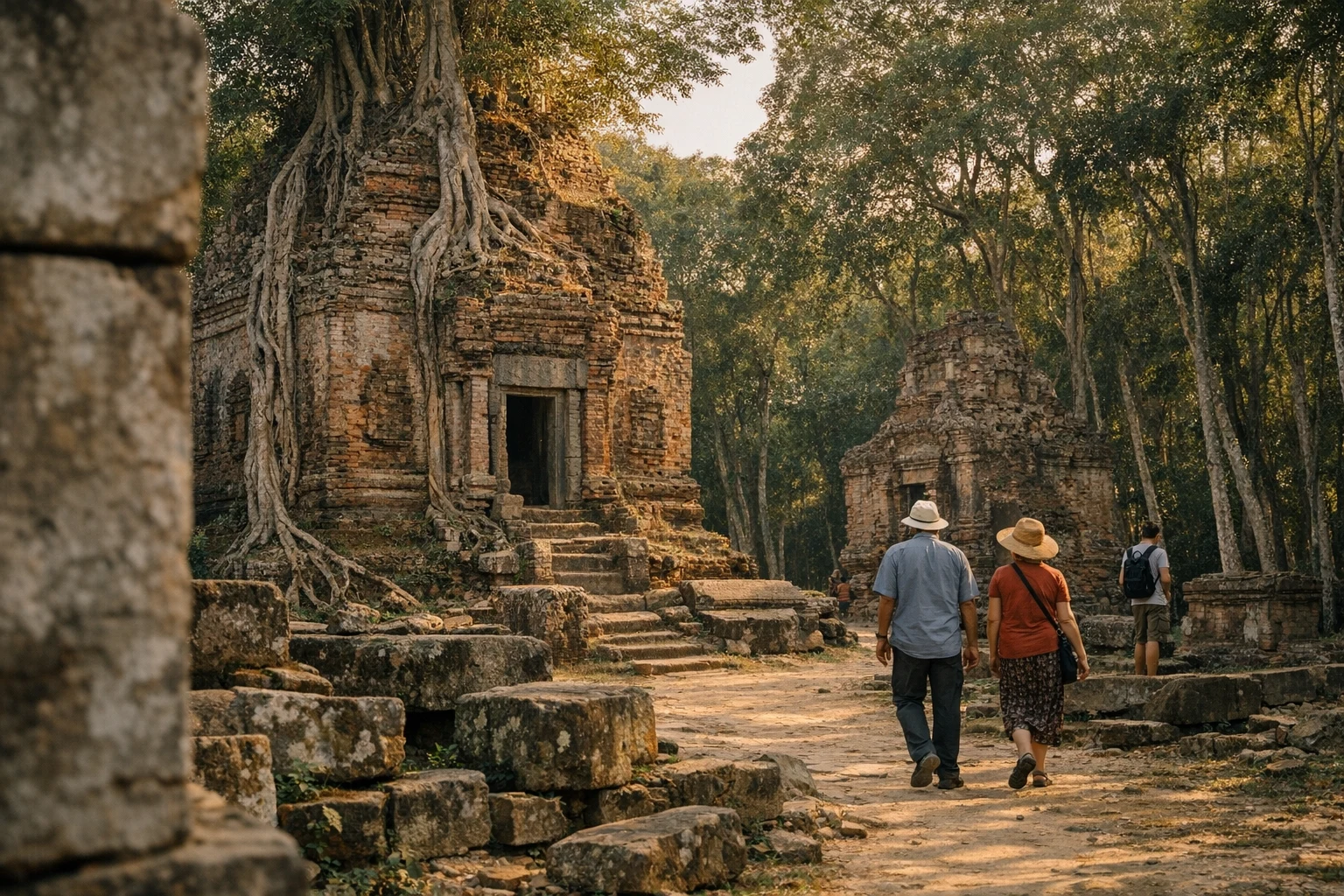 Brick temple towers at Sambor Prei Kuk in Cambodia surrounded by forest