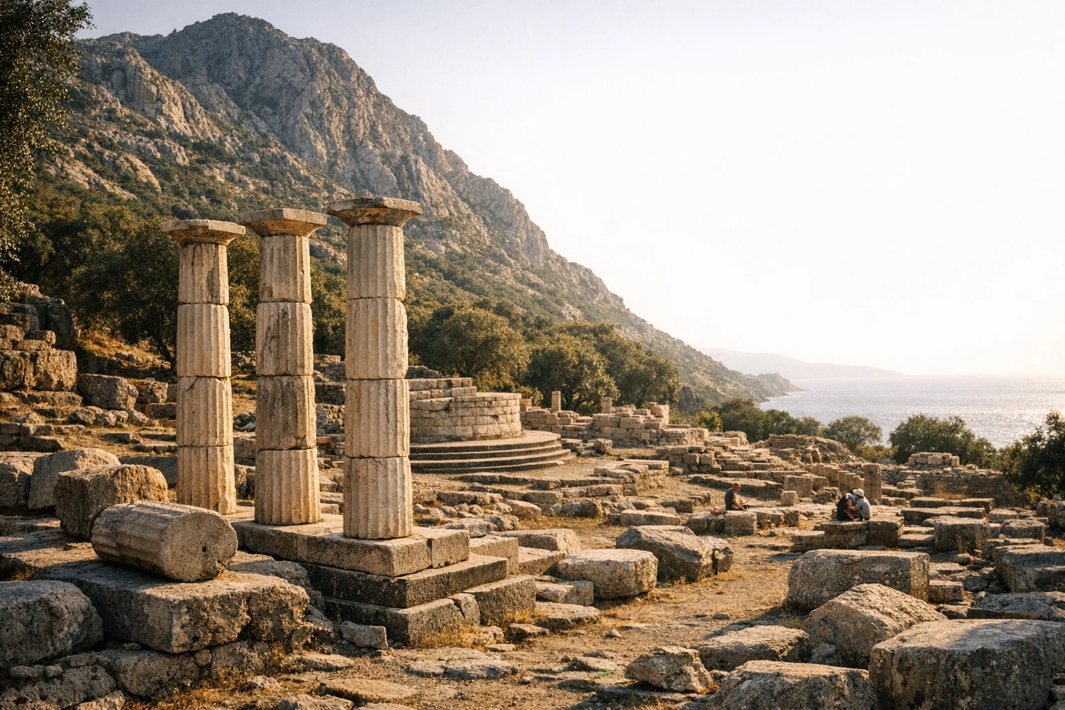 Ruins of Samothrace Sanctuary on the island of Samothrace in Greece beneath green mountain slopes