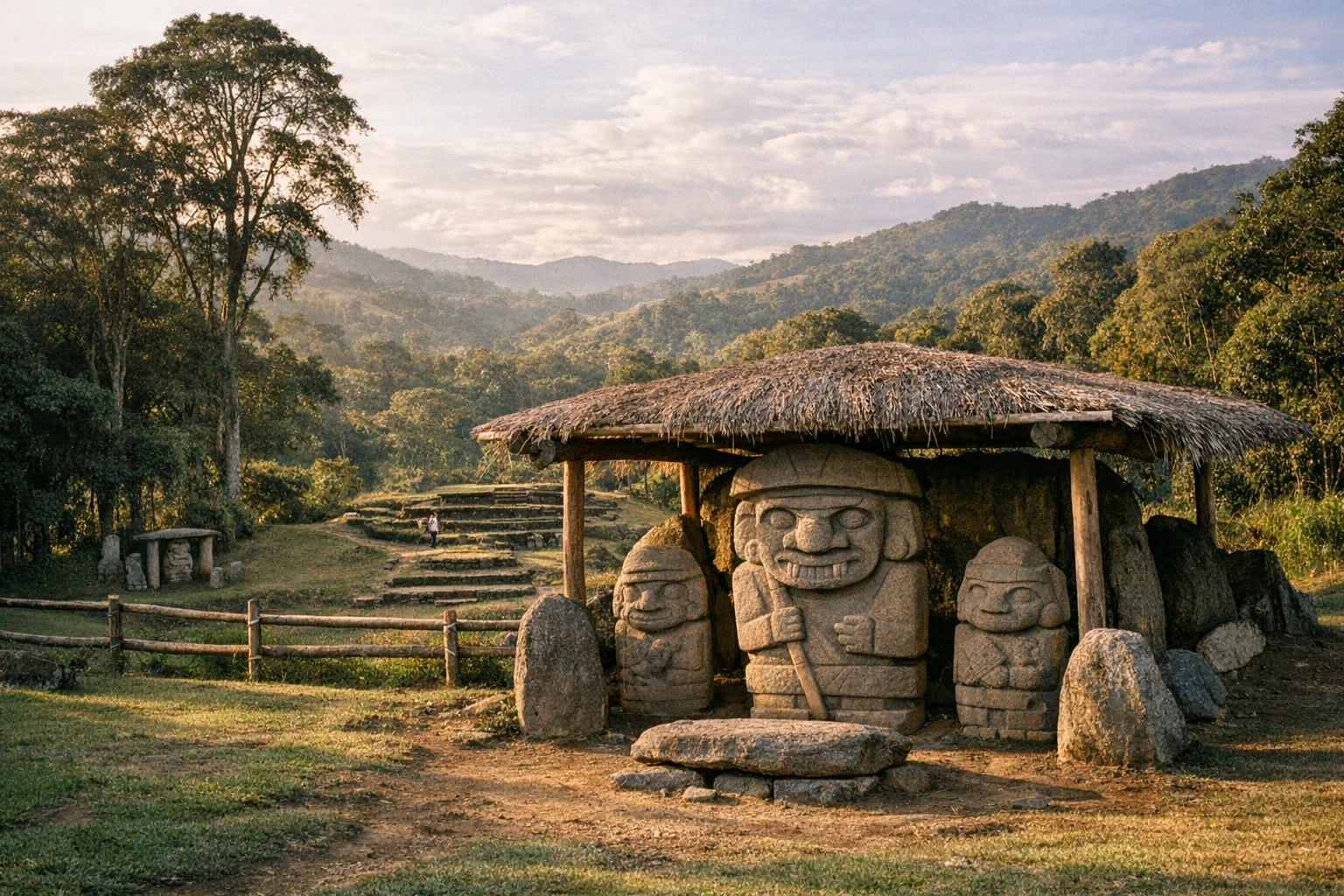 Stone statues at San Agustín Archaeological Park in Huila, Colombia, surrounded by green Andean hills