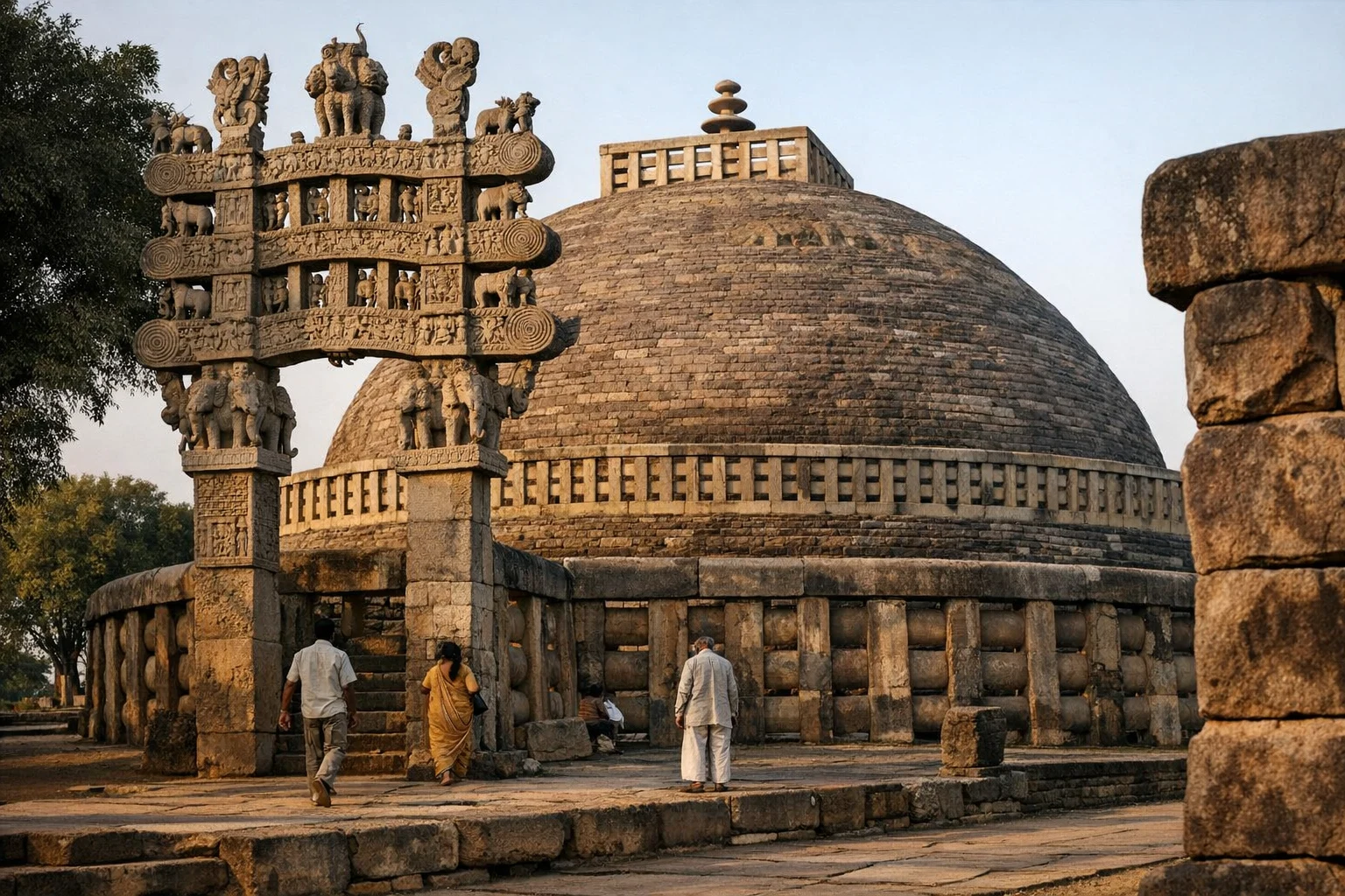 The Great Stupa at Sanchi Stupa in Madhya Pradesh, India, with its carved stone gateways on a hilltop