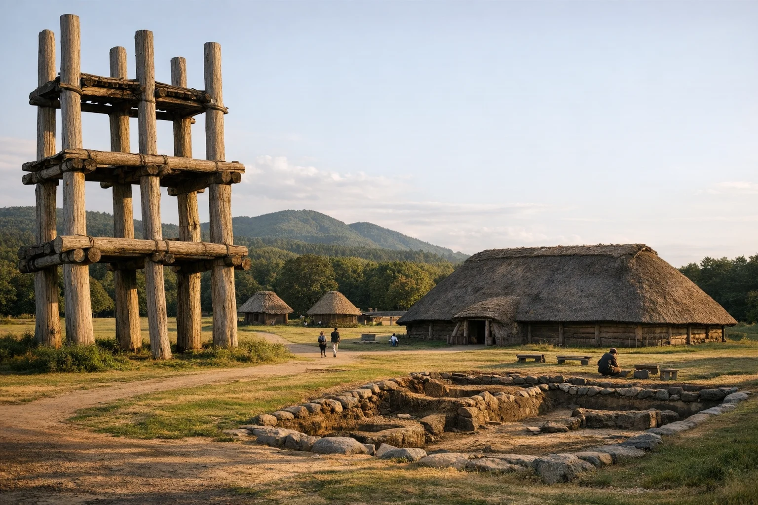 Reconstructed Jomon houses and wooden structures at Sannai Maruyama Archaeological Site in Japan