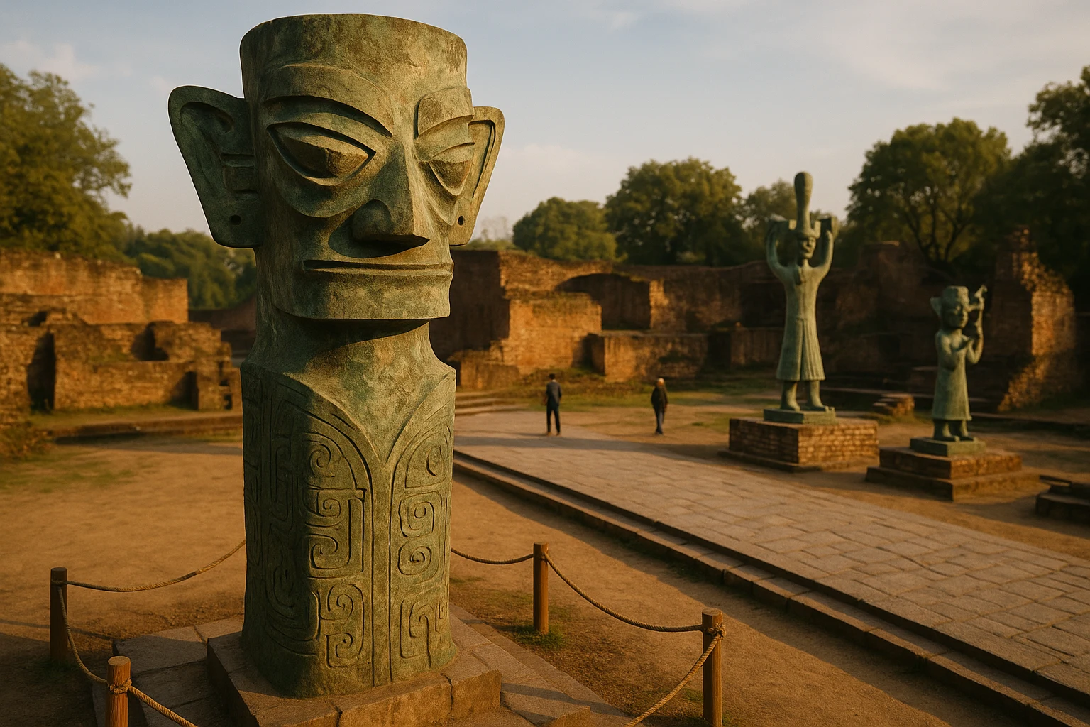 Bronze ritual masks and sacred tree artifacts from the Sanxingdui Ruins excavation site in Sichuan, China