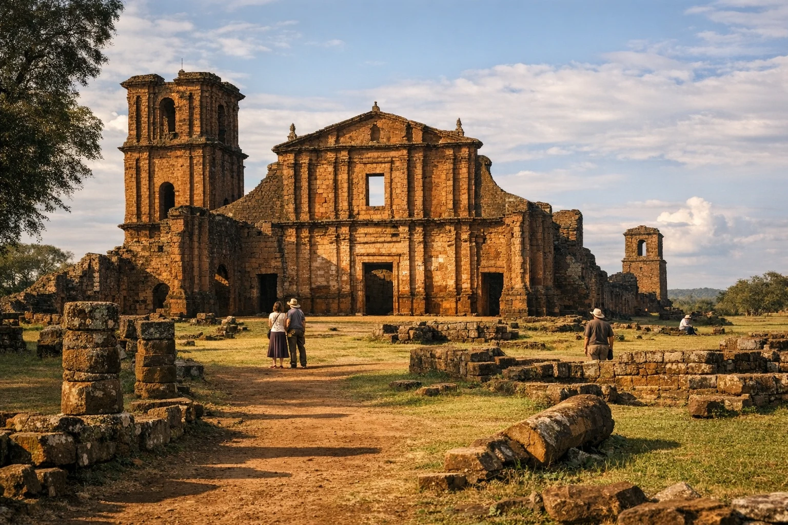 Ruins of São Miguel das Missões in Rio Grande do Sul, Brazil, with red stone church facade under open sky