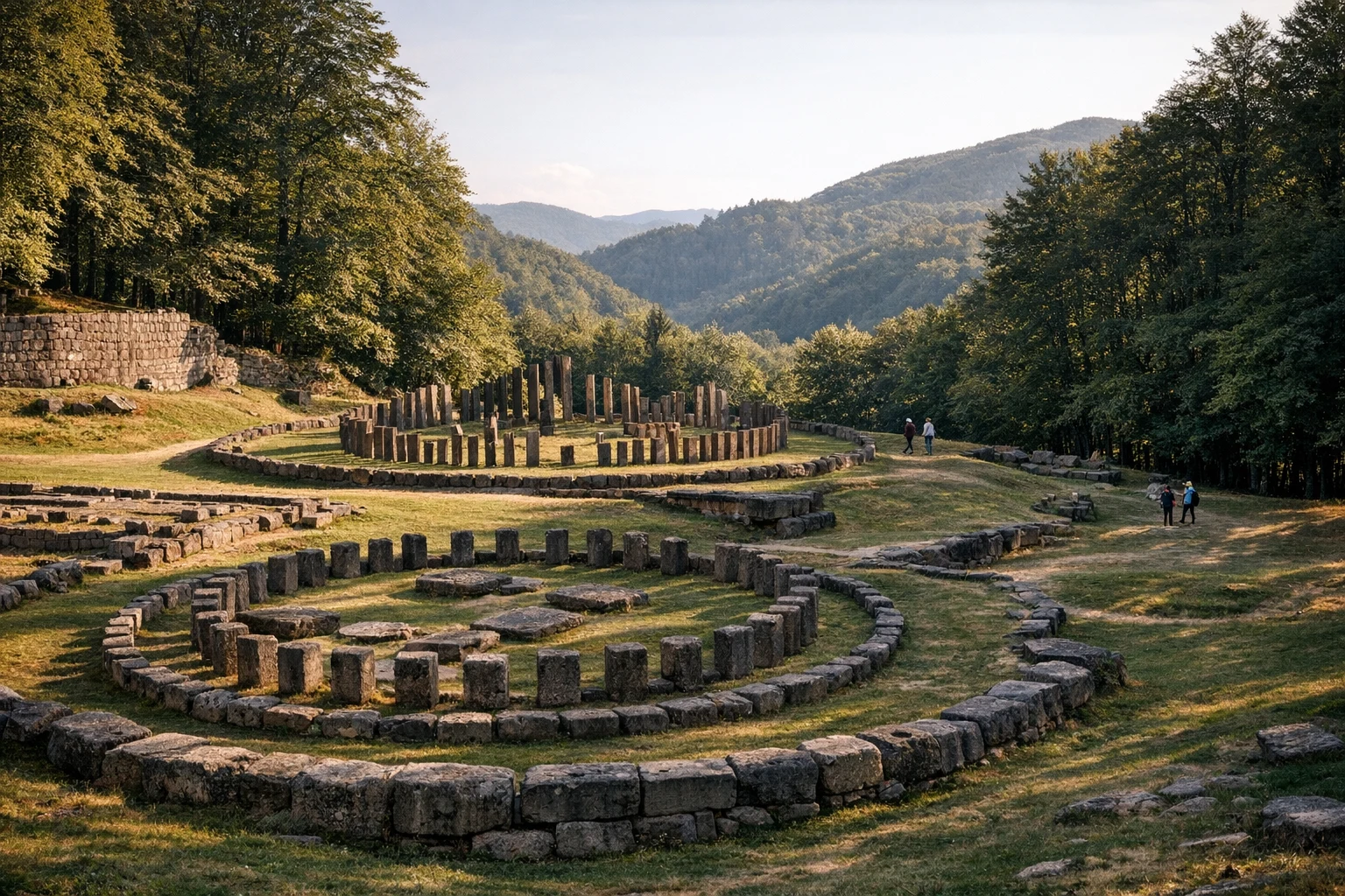 Stone sanctuary and forested terraces at Sarmizegetusa Regia in Romania