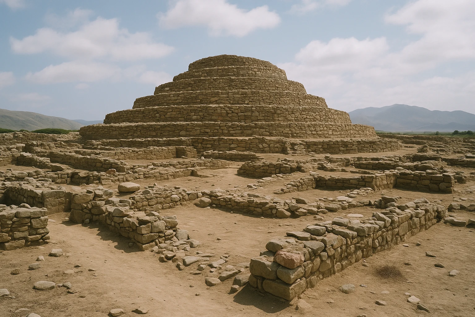 Ancient platform mounds and desert valley landscape at Sechin Alto, Peru