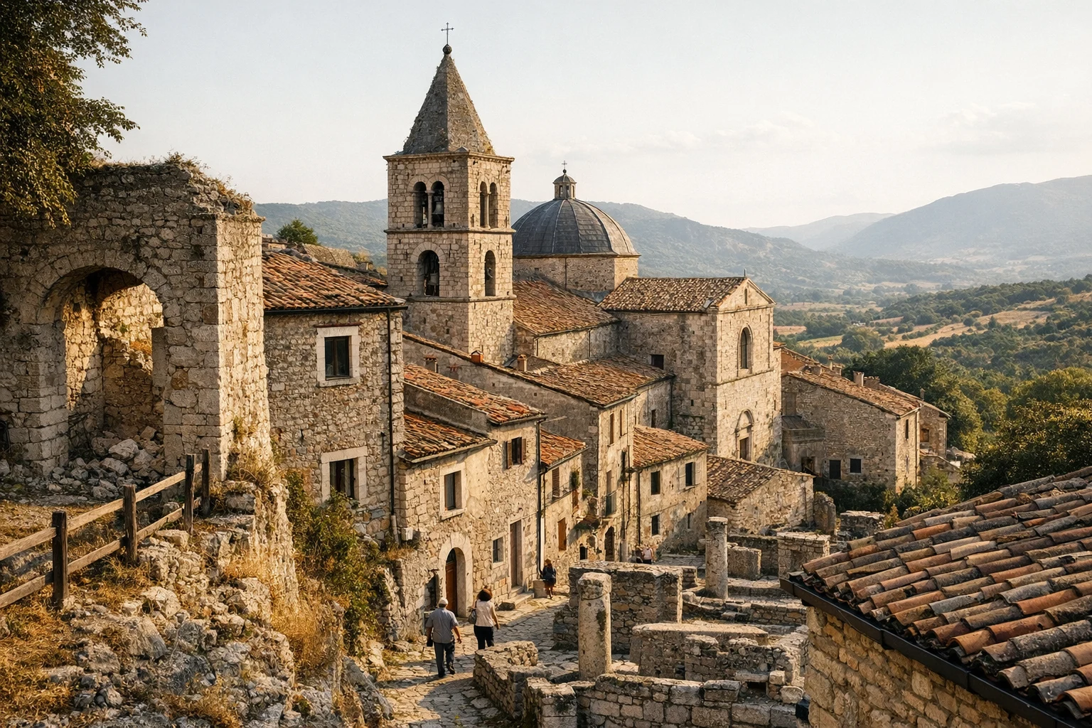 The ancient Roman site of Sepino in Molise, Italy, with stone walls and mountains beyond
