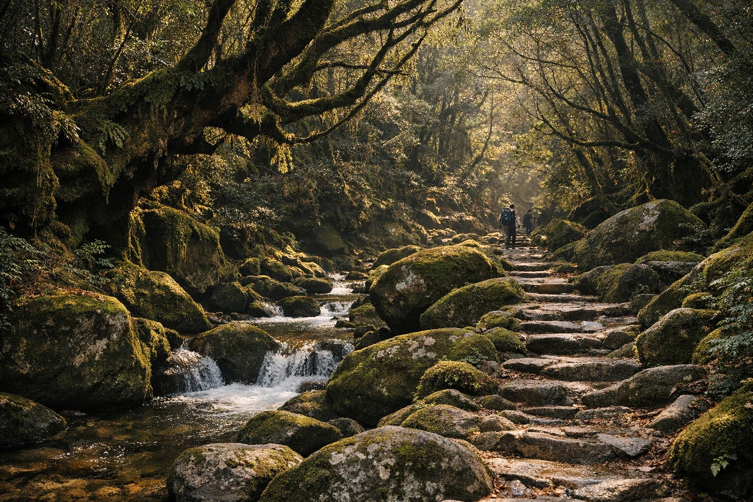 Moss-covered forest trail in Shiratani Unsuikyo Ravine (Princess Mononoke Forest) on Yakushima Island in Japan