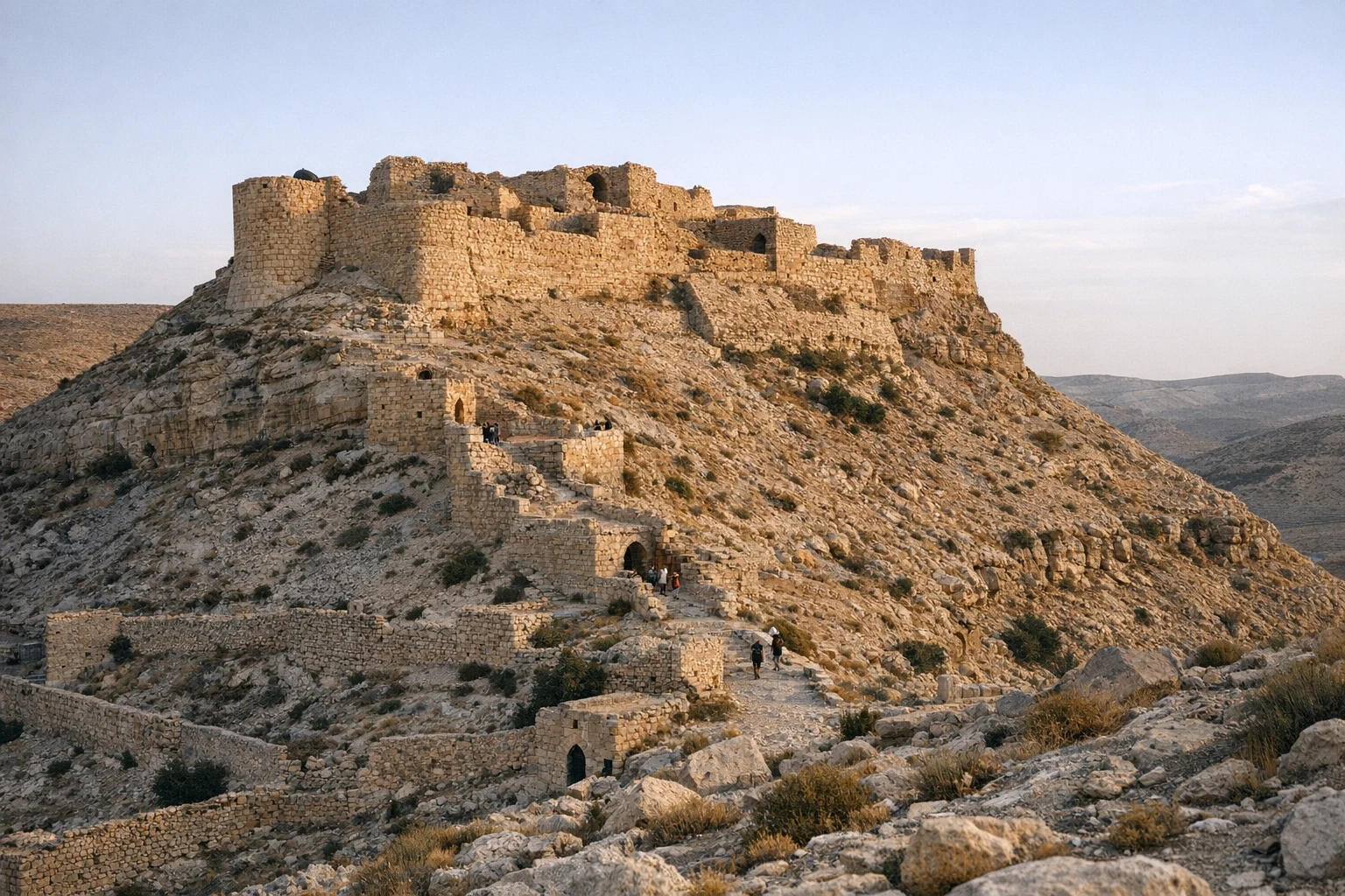 Stone ruins of Shobak Castle on a hilltop in Jordan under a clear desert sky
