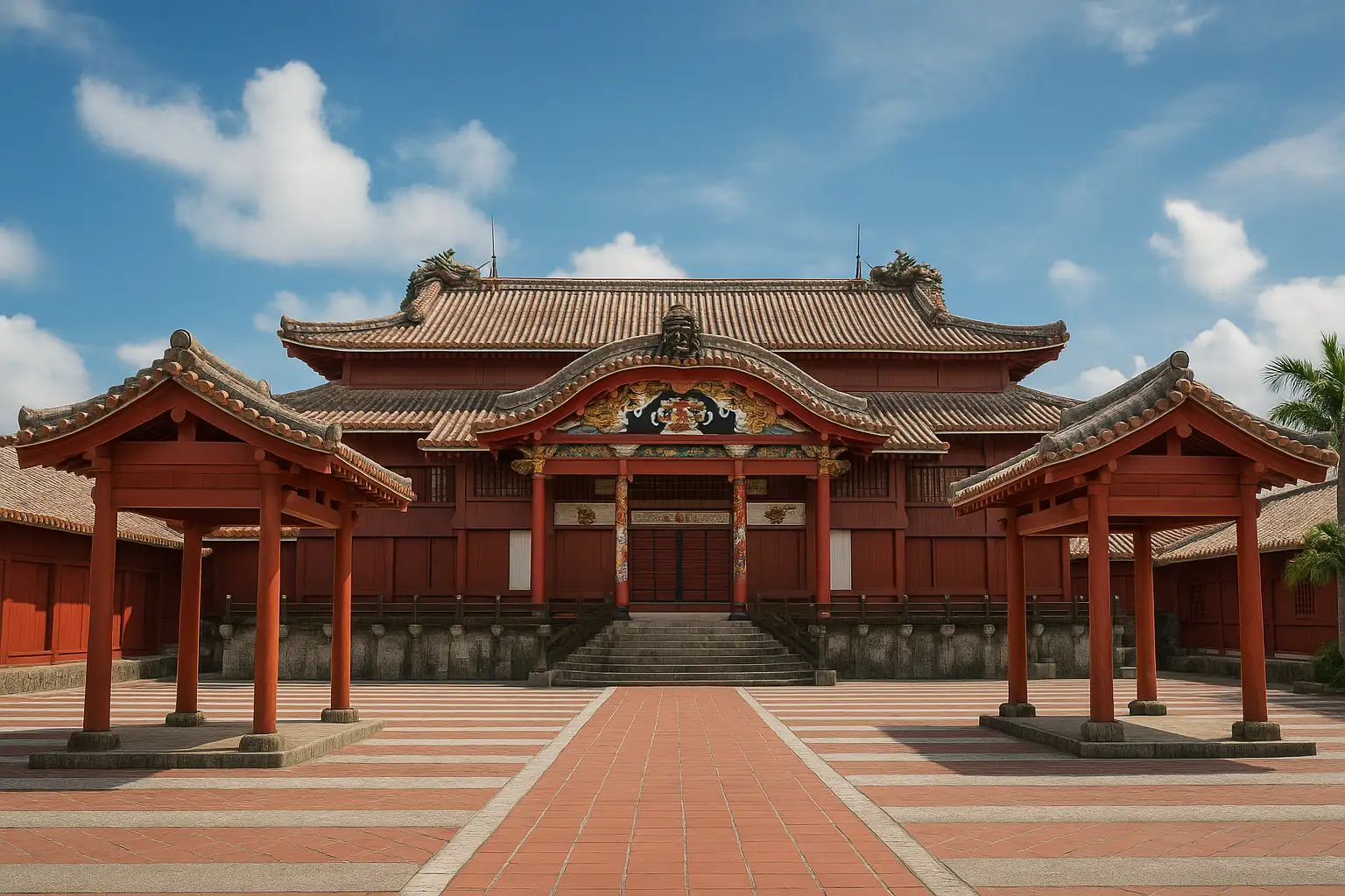Shuri Castle vermilion main hall and Shureimon Gate, Okinawa, Japan