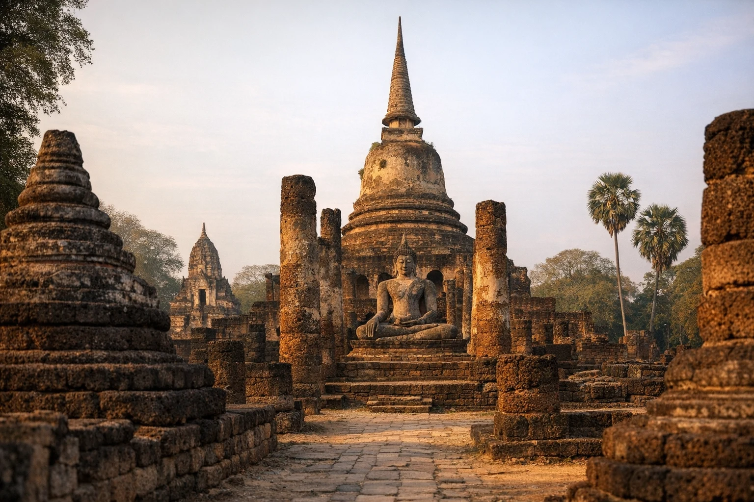 Ancient temple ruins and greenery at Si Satchanalai in Thailand