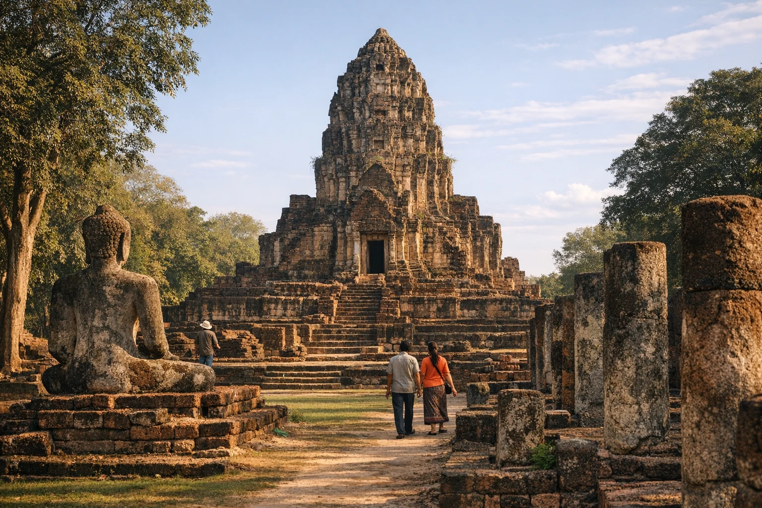 Ancient brick ruins and moats at Si Thep Historical Park in Thailand