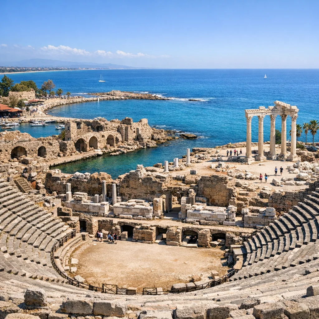Ancient theater of Side overlooking Mediterranean Sea with columns and ruins