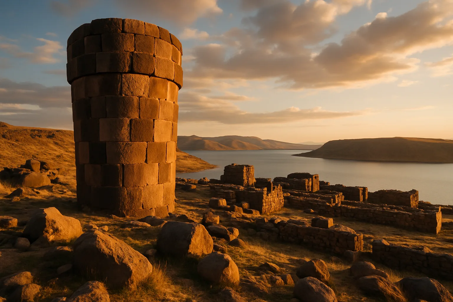 Cylindrical chullpa funerary towers on the Sillustani peninsula, Lake Umayo, Peru