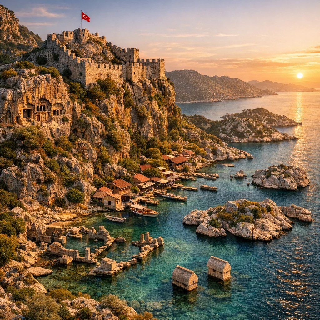 Medieval castle of Simena towering over Lycian harbor and Mediterranean coves