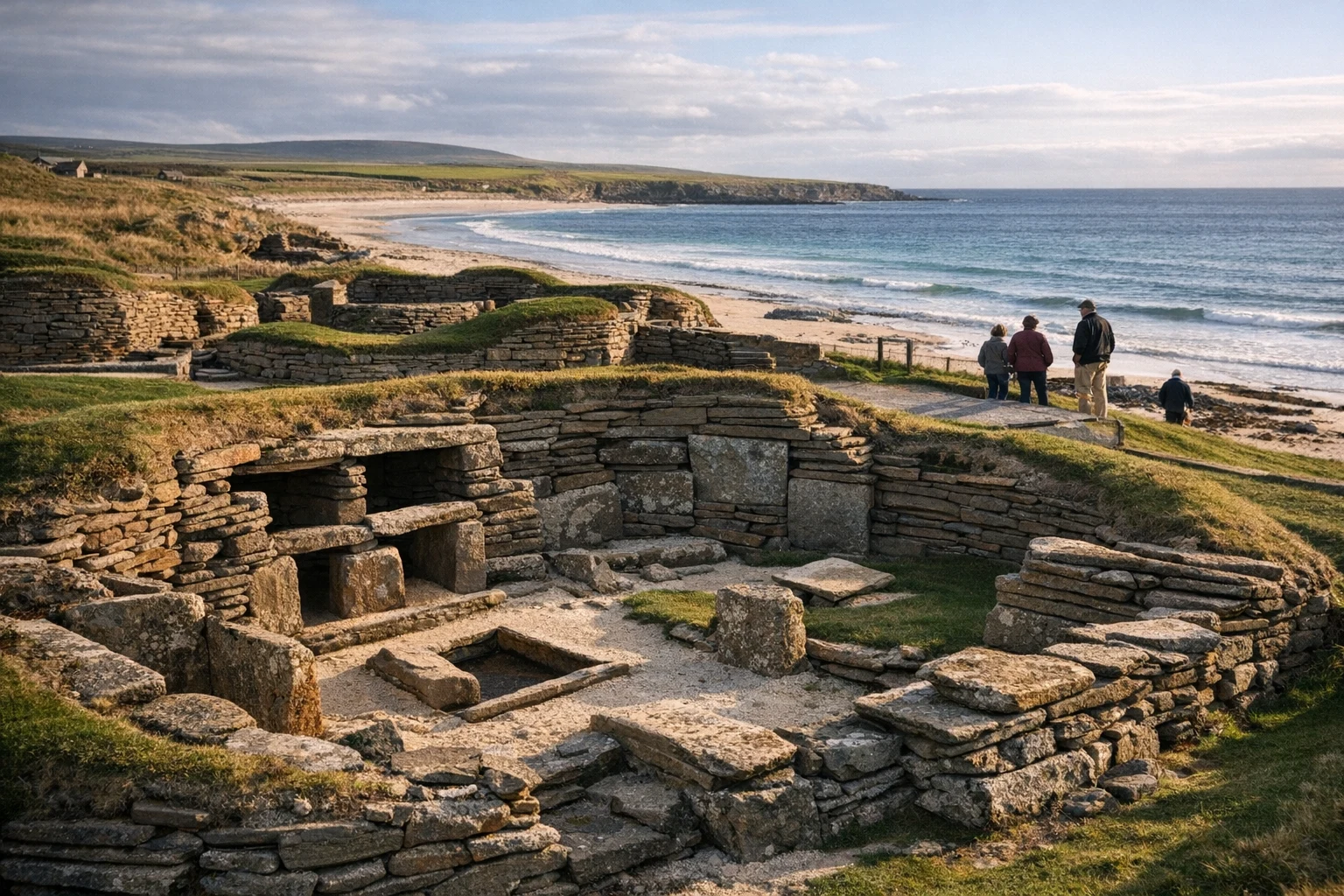 Stone houses at Skara Brae in the United Kingdom on the Orkney coast