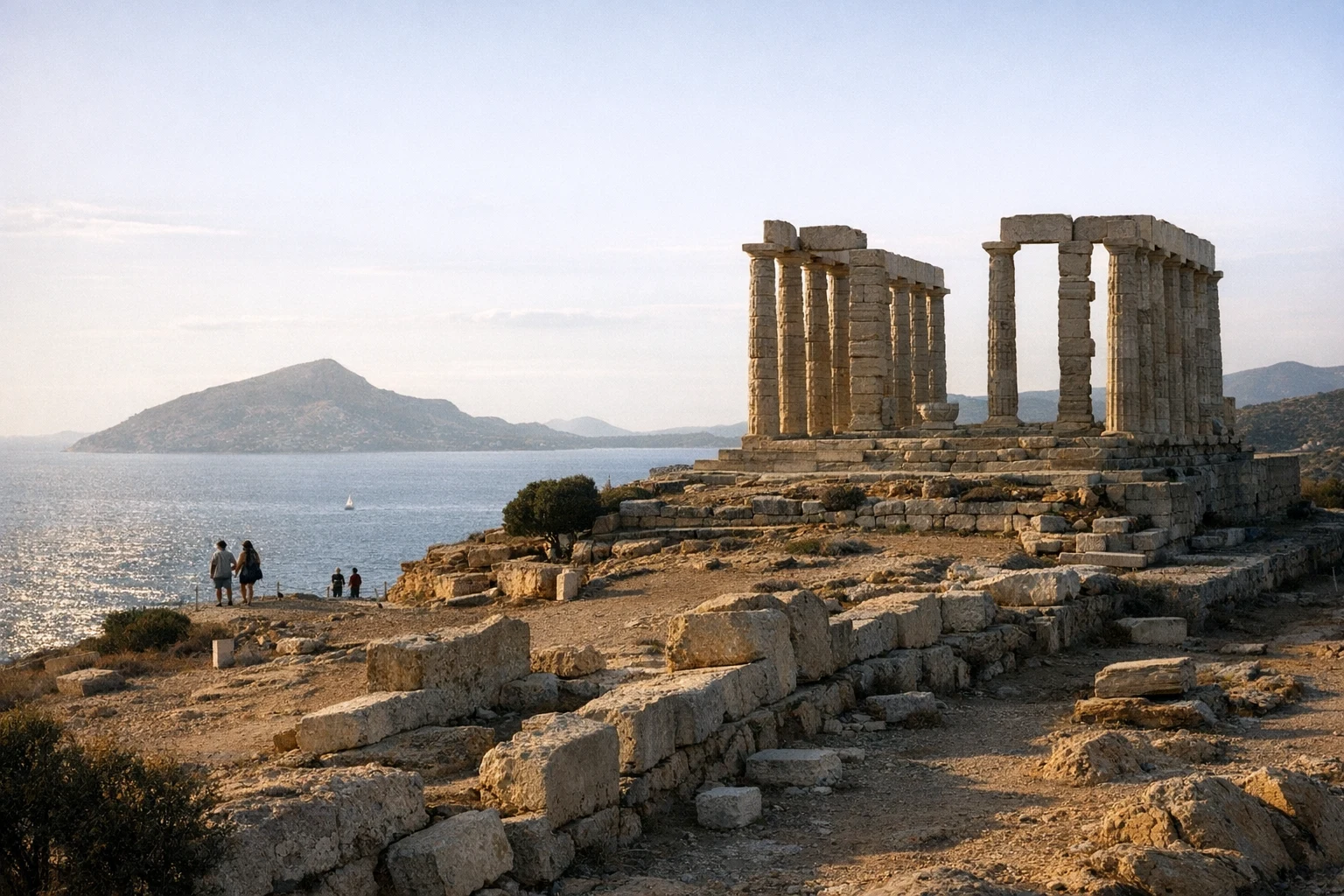 Dramatic view of the Temple of Poseidon at Sounion, Greece, perched above the Aegean Sea