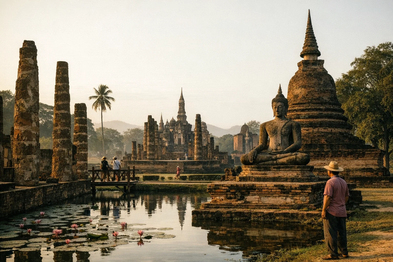 Panoramic sunrise view over the ancient ruins of Sukhothai, Thailand