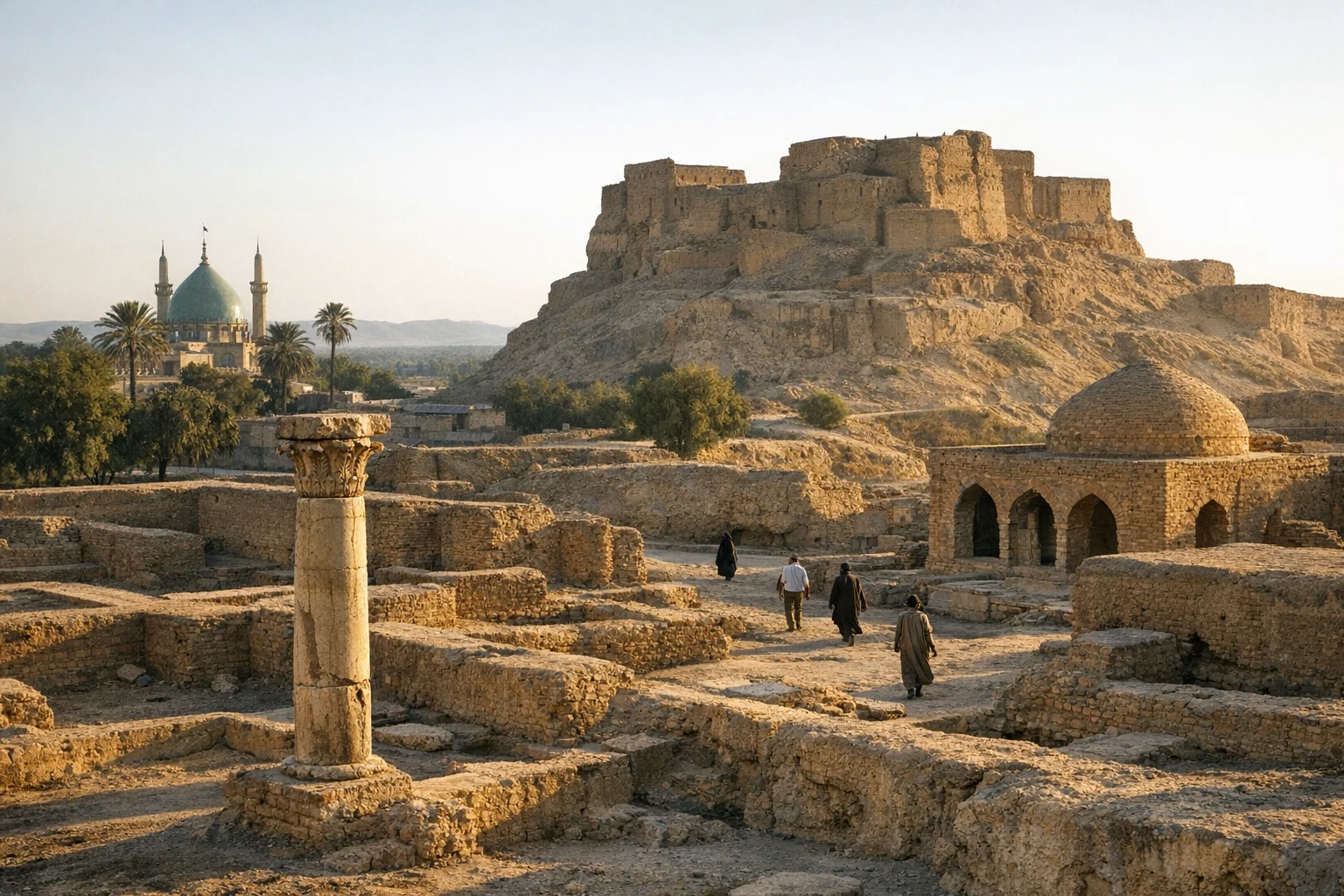 Ruins and archaeological mounds of Susa in Iran under warm evening light