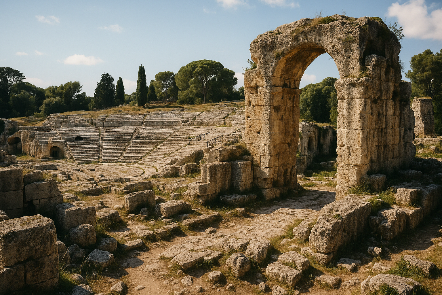 Ancient stone seating in Syracuse Archaeological Park (Neapolis), Sicily, Italy