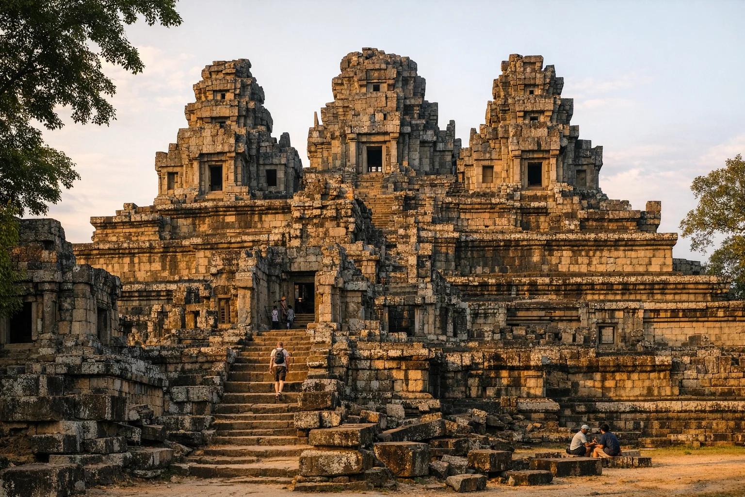 Ta Keo temple in Angkor, Cambodia, with its towering sandstone steps and lush jungle backdrop