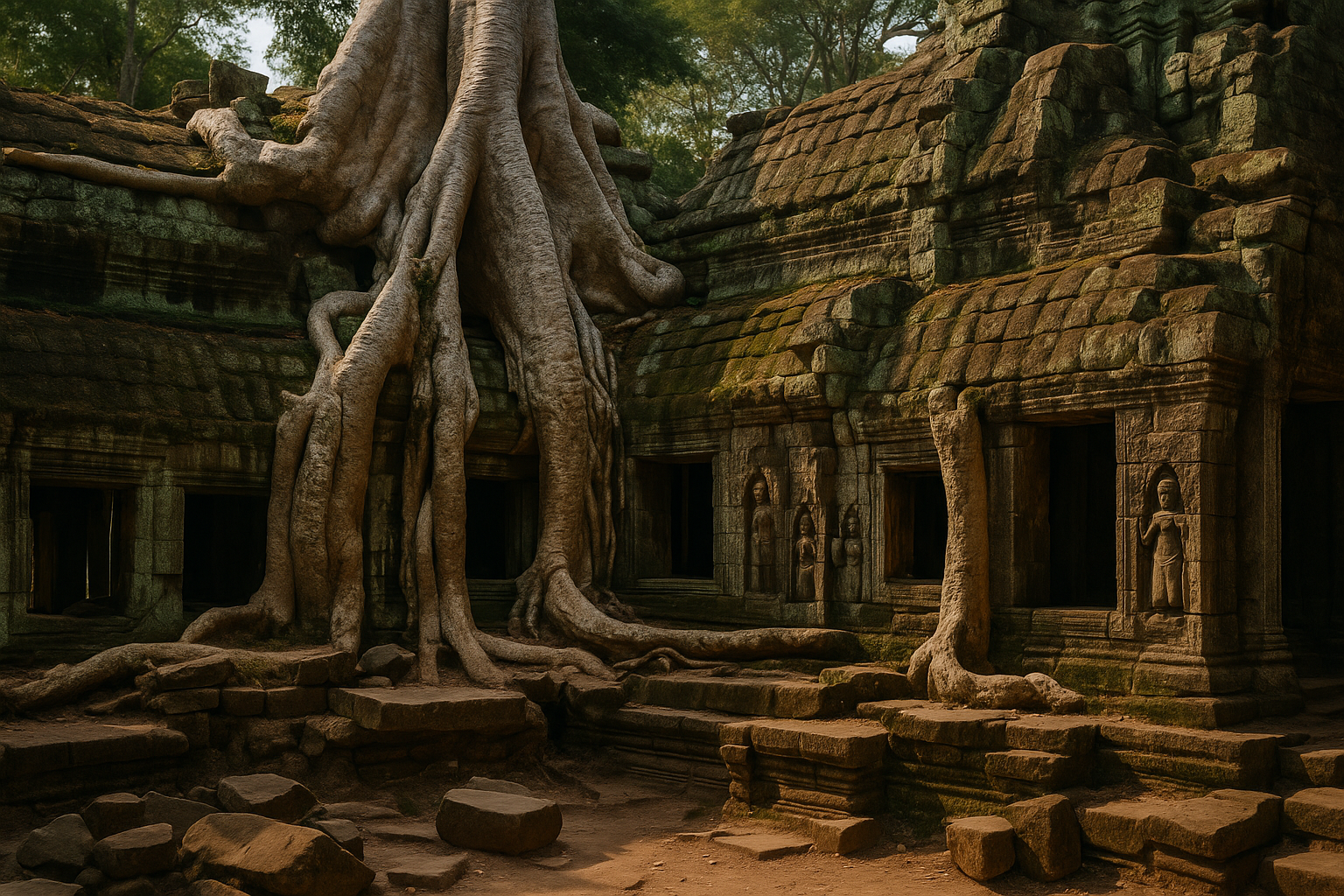 Stone corridors and giant tree roots at Ta Prohm temple in Cambodia