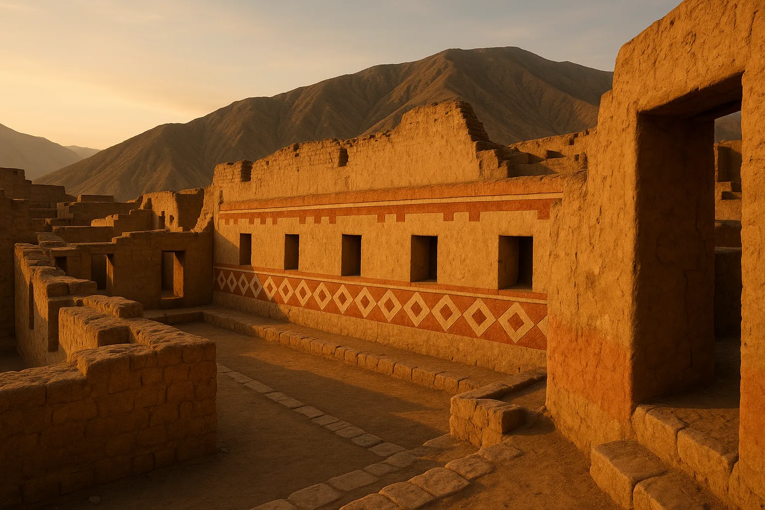 Red and white painted walls of Tambo Colorado, Inca palace in the Pisco Valley, Peru