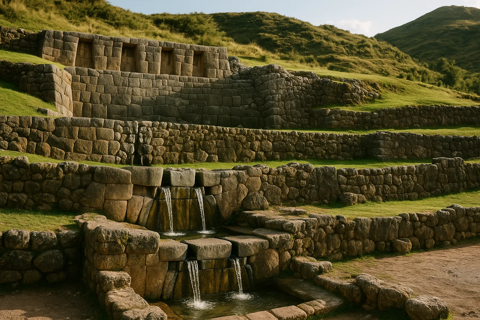 Stone terraces and flowing Inca water channels at Tambomachay near Cusco, Peru