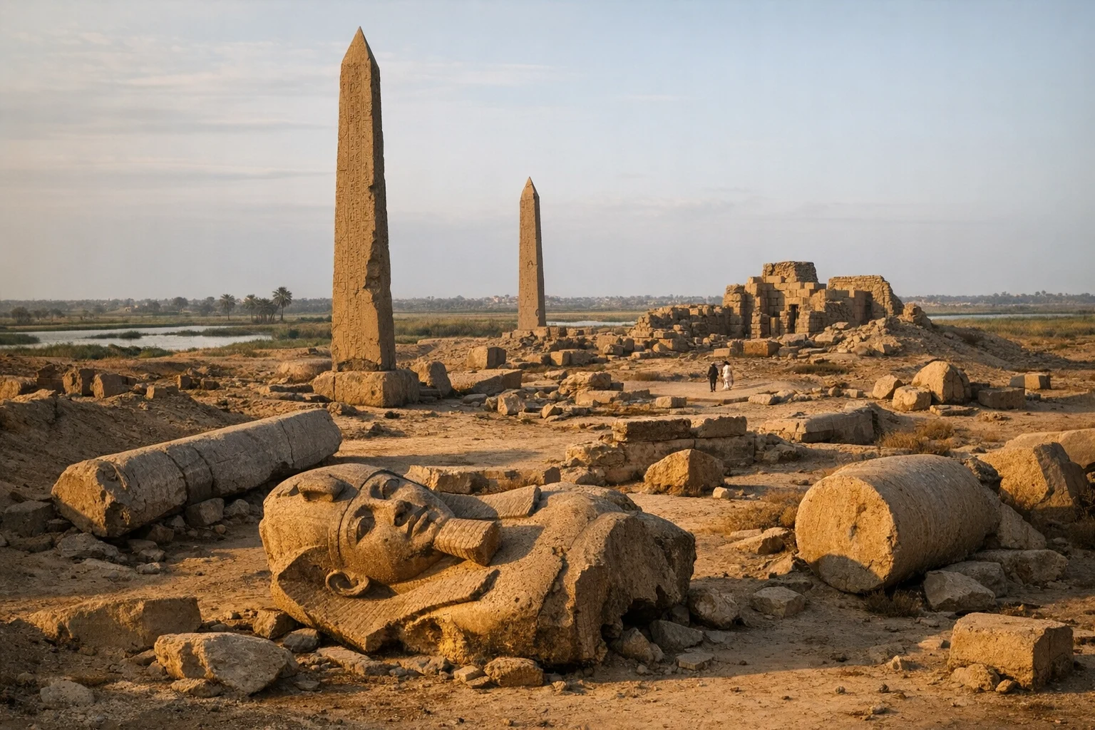 Ruins of Tanis in Egypt with scattered granite statues and temple remains across the Nile Delta plain