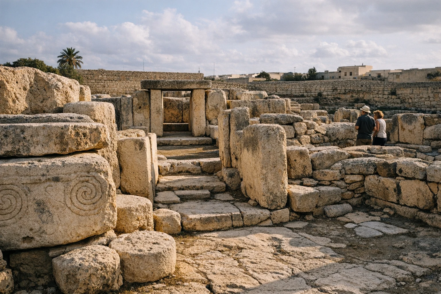 The prehistoric stone chambers of Tarxien Temples in Malta under warm Mediterranean light