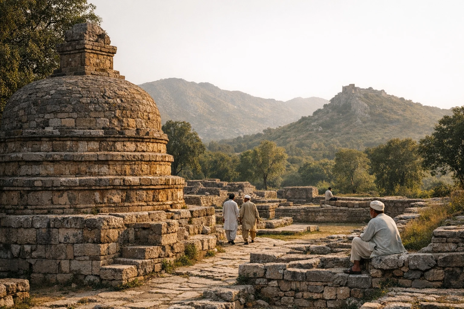 Ruins of ancient Taxila in Punjab, Pakistan, with stone remains and surrounding hills