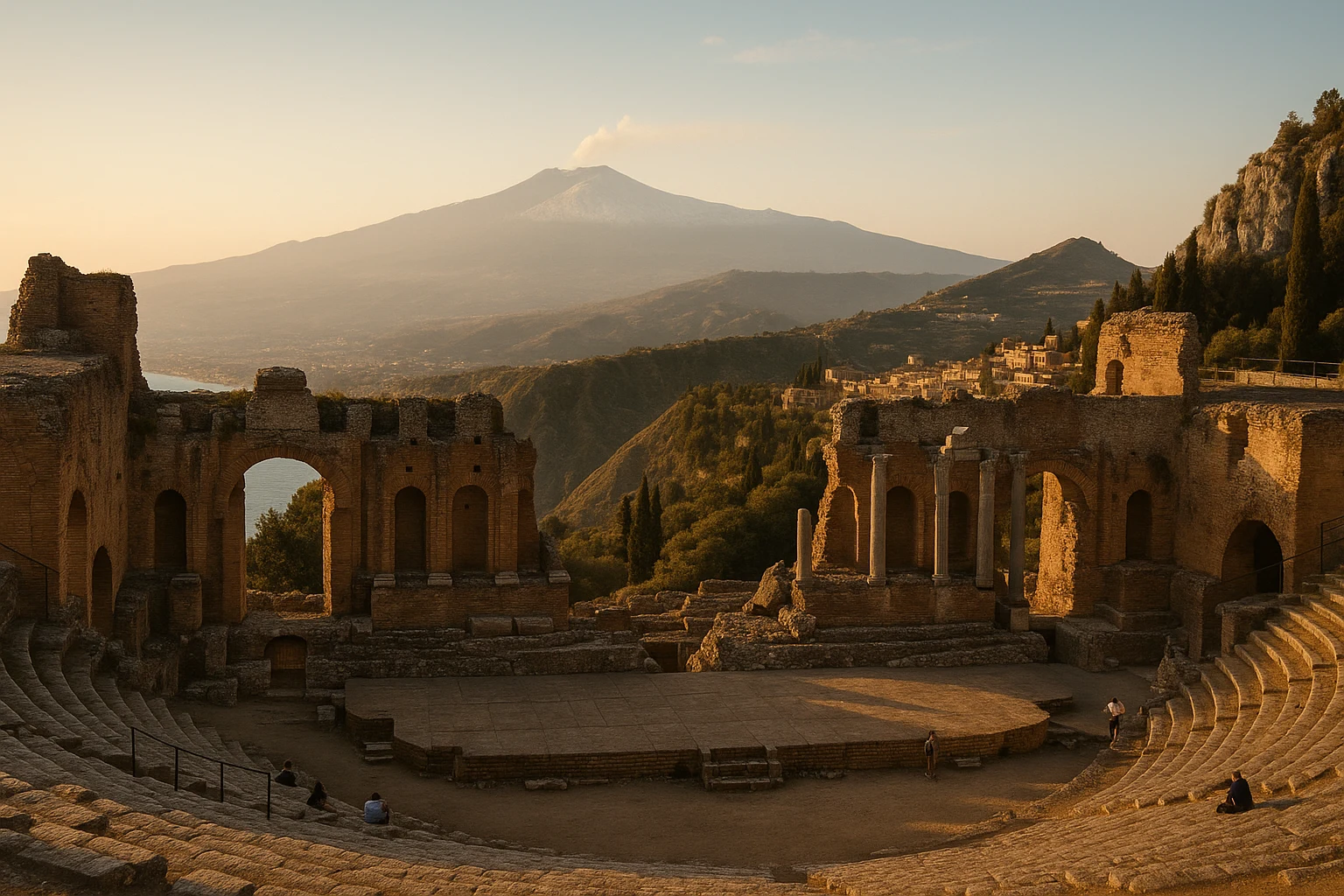 Ancient cavea and stage ruins at Teatro Greco, Taormina, Italy