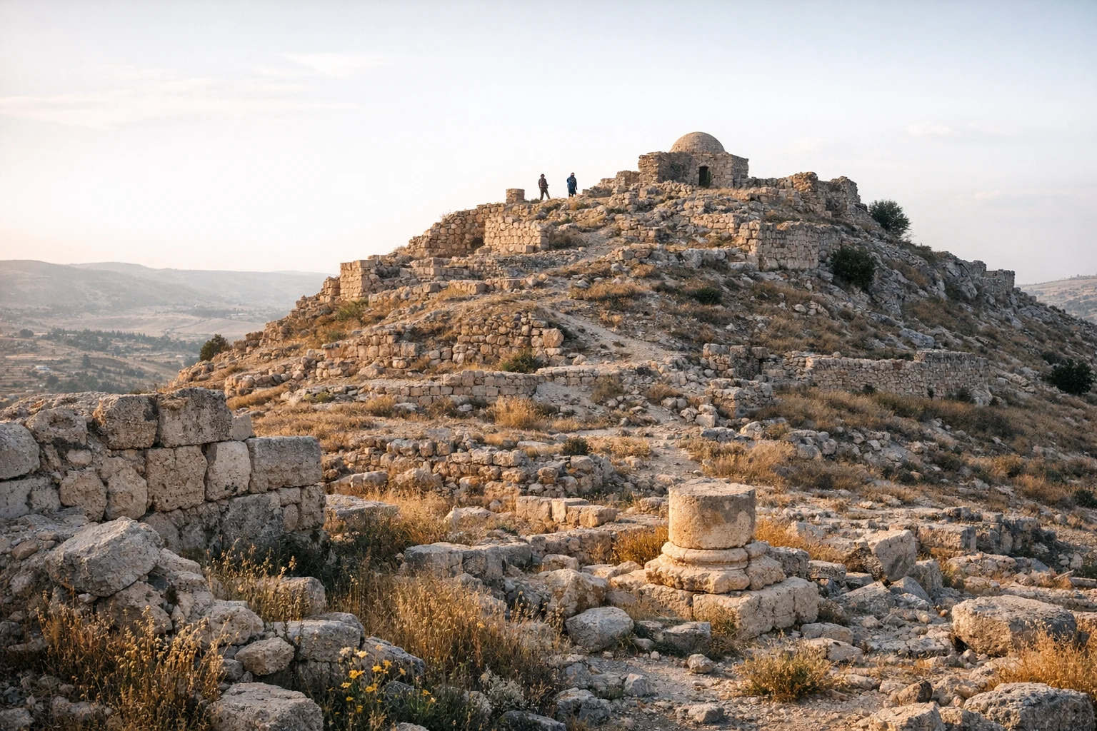 Archaeological remains on the summit of Tell Hesban in Jordan overlooking the surrounding plateau
