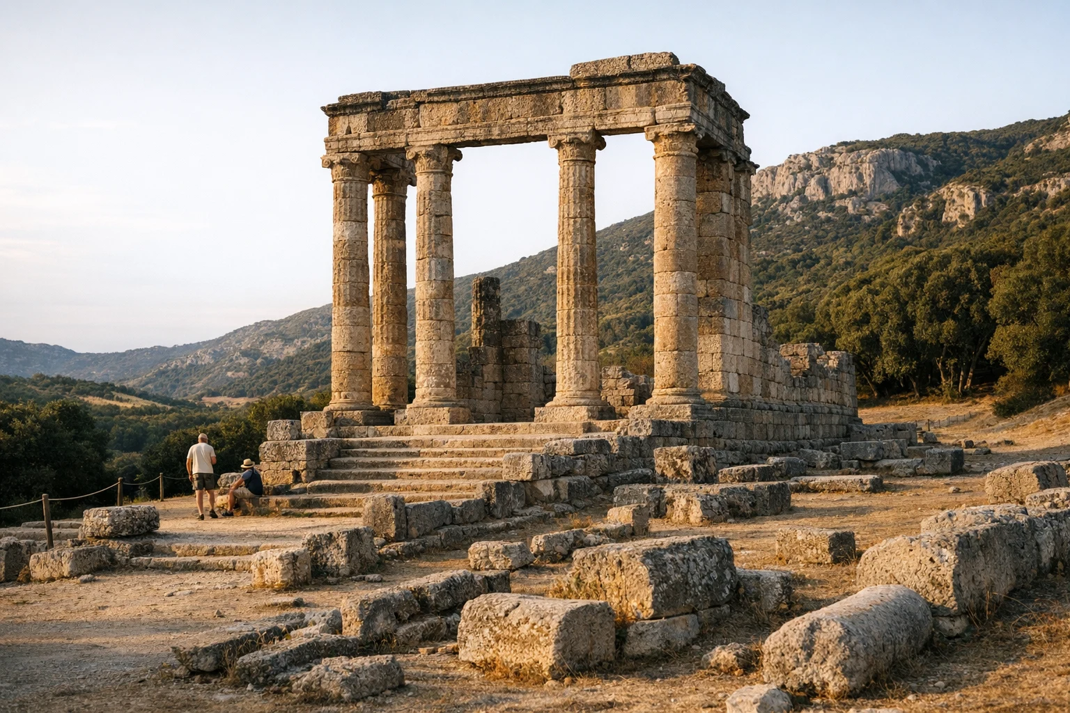 The Temple of Antas in Sardinia, Italy, standing among green hills and limestone mountains