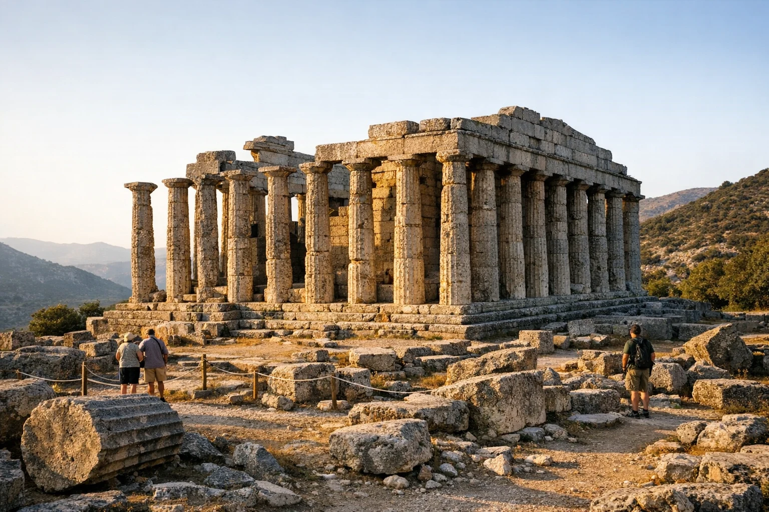 Temple of Apollo Epicurius at Bassae in Greece beneath its protective canopy in the Arcadian mountains